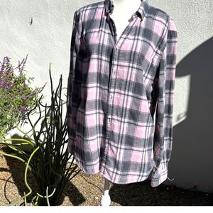 Denim And Flower Button Down Pink And Gray Plaid Shirt